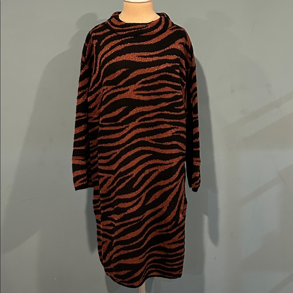 Ann Taylor Animal Print Sweater Dress size Medium Metallic Bronze Black